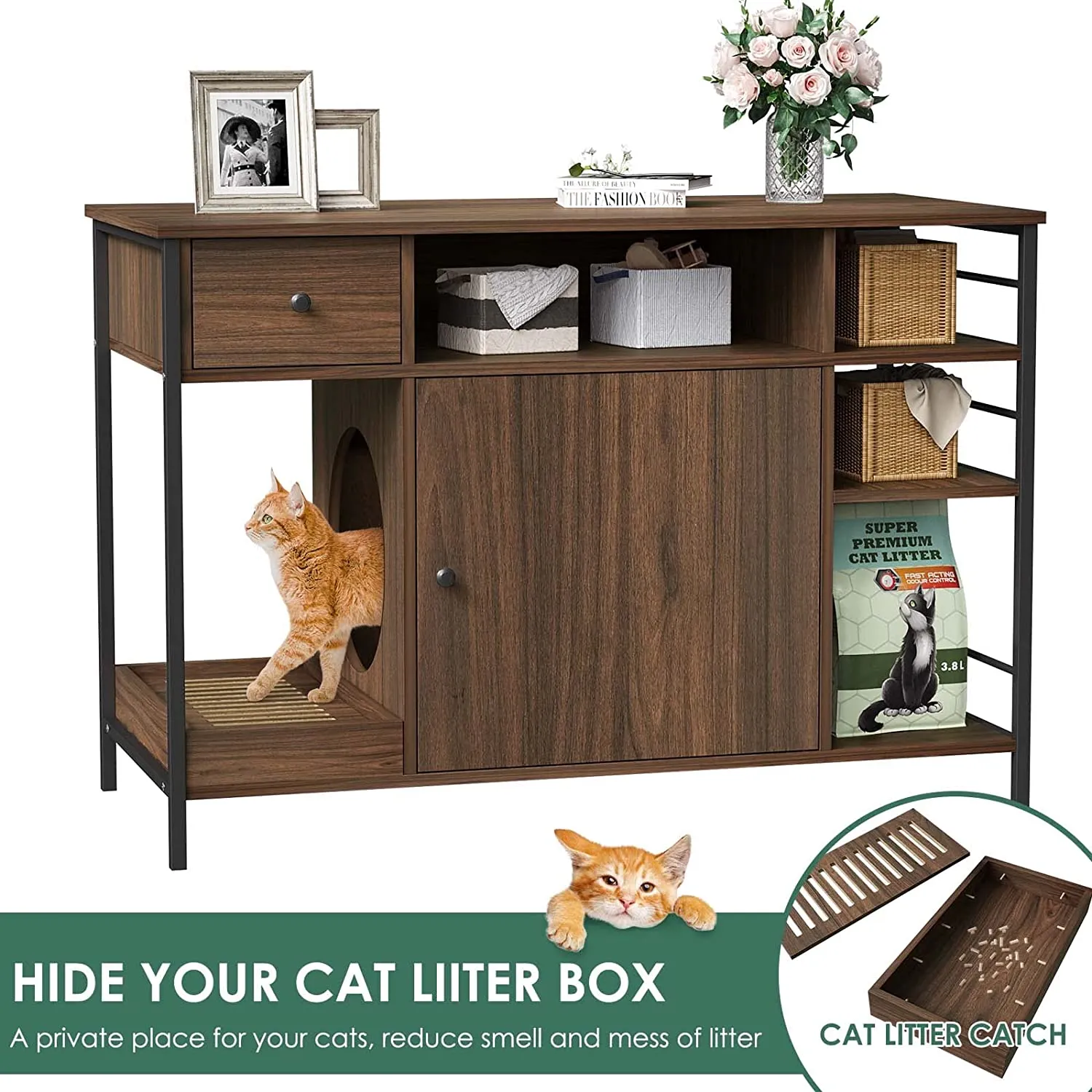 6 in 1 Cat Litter Box Enclosure Furniture with Litter Catcher